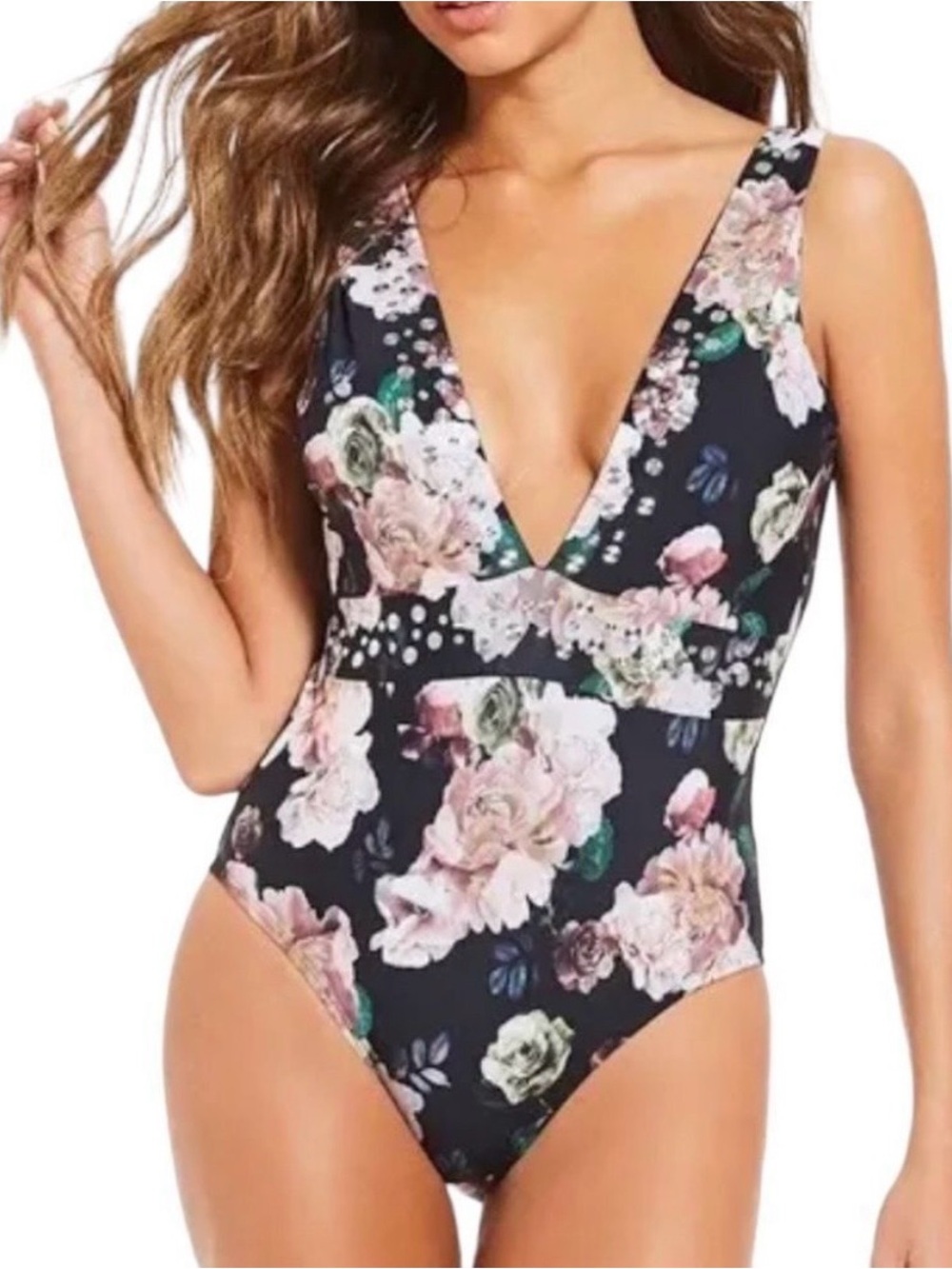 Floral Plunge One-Piece Swimsuit - Gianni Bini Midnight Garden
